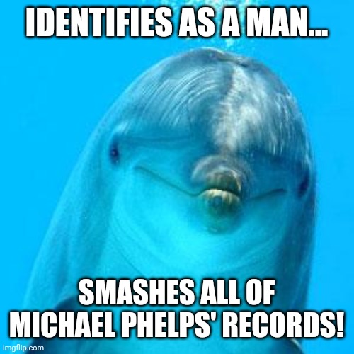 I mean, if they're going to have men dominate women's sports... | IDENTIFIES AS A MAN... SMASHES ALL OF MICHAEL PHELPS' RECORDS! | image tagged in dolphin don't play games | made w/ Imgflip meme maker