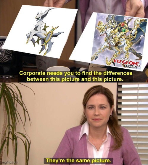 That yugioh monster "Guangba, Luminous Apodrakosis of Starforge" looks like Arceus in Mega Evolution. | image tagged in they are the same picture,arceus,yugioh | made w/ Imgflip meme maker