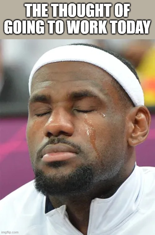 The Thought Of Going To Work Today | THE THOUGHT OF GOING TO WORK TODAY | image tagged in work,work sucks,crying,lebron james,funny,memes | made w/ Imgflip meme maker