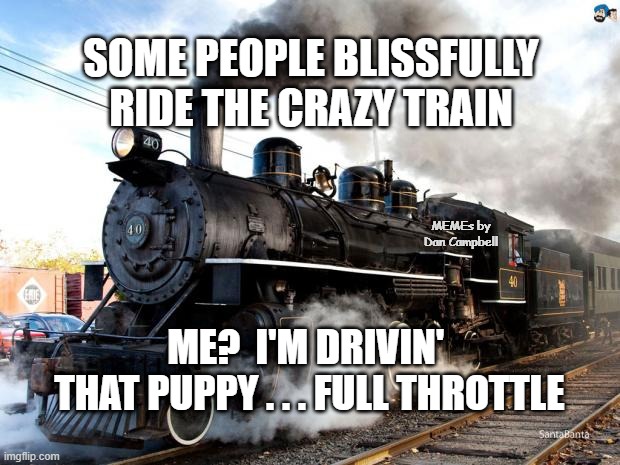 Train | SOME PEOPLE BLISSFULLY RIDE THE CRAZY TRAIN; MEMEs by Dan Campbell; ME?  I'M DRIVIN' 
THAT PUPPY . . . FULL THROTTLE | image tagged in train | made w/ Imgflip meme maker