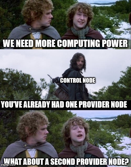 Pippin Second Breakfast | WE NEED MORE COMPUTING POWER; CONTROL NODE; YOU'VE ALREADY HAD ONE PROVIDER NODE; WHAT ABOUT A SECOND PROVIDER NODE? | image tagged in pippin second breakfast | made w/ Imgflip meme maker