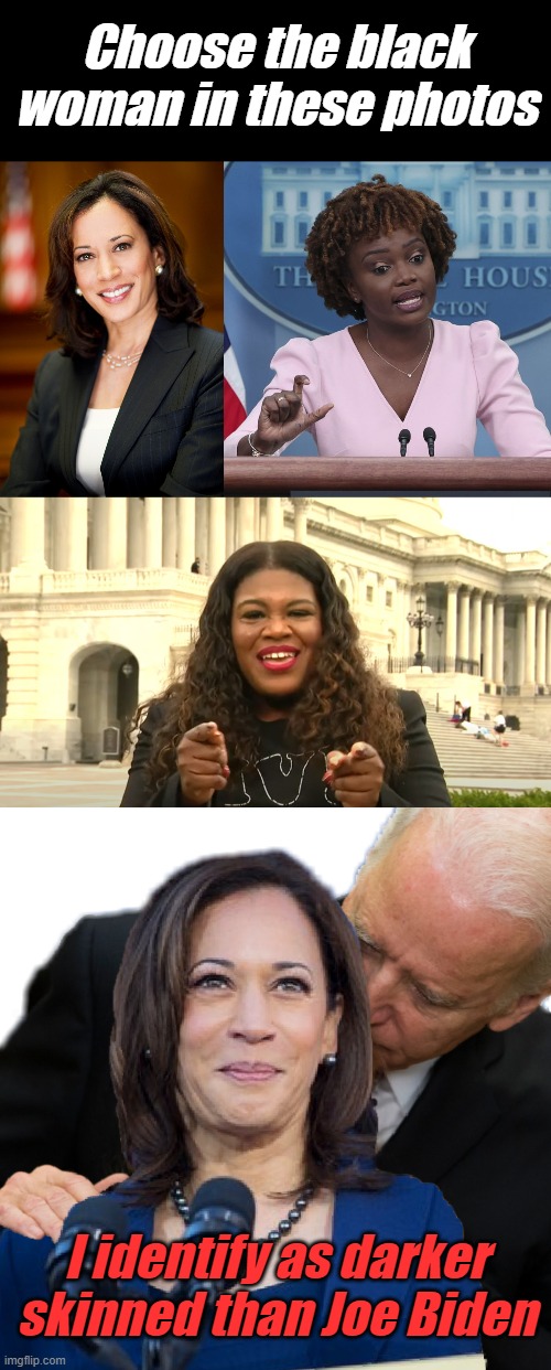 When the color of the heart is revealed... | Choose the black woman in these photos; I identify as darker skinned than Joe Biden | image tagged in kamala harris,karine jean pierre,cori bush private security,joe biden and kamala hairs | made w/ Imgflip meme maker