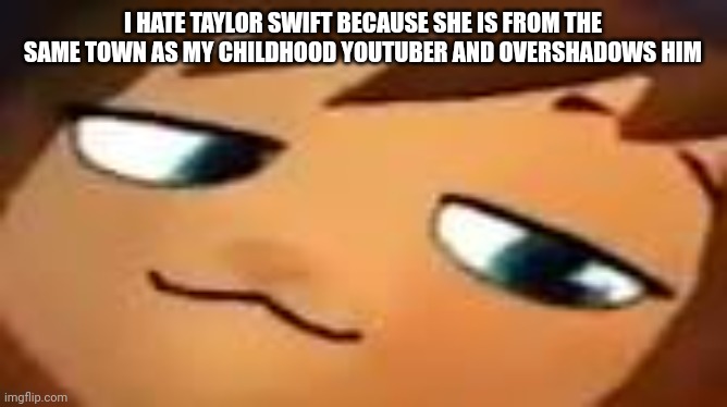 smug hat kid.mp4 | I HATE TAYLOR SWIFT BECAUSE SHE IS FROM THE SAME TOWN AS MY CHILDHOOD YOUTUBER AND OVERSHADOWS HIM | image tagged in smug hat kid mp4 | made w/ Imgflip meme maker