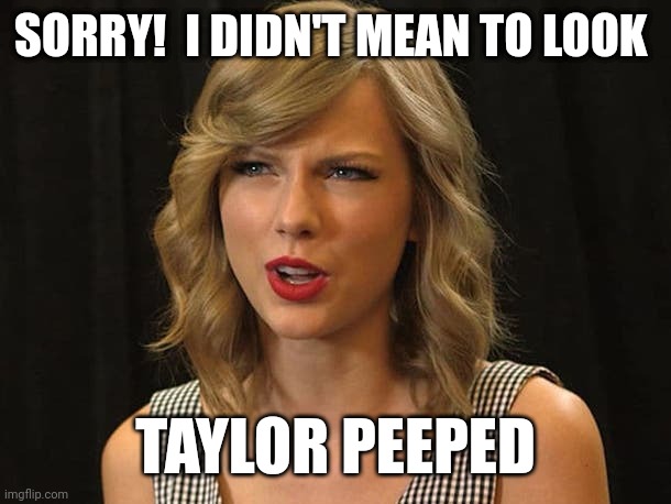 Taylor peeped | SORRY!  I DIDN'T MEAN TO LOOK; TAYLOR PEEPED | image tagged in taylor swiftie | made w/ Imgflip meme maker