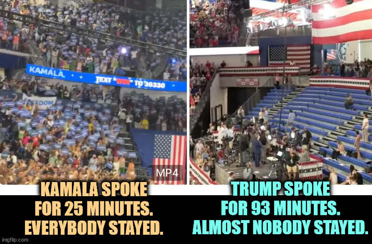 Atlanta arena. This is really messing with Trump's head. Crowd size matters. | KAMALA SPOKE FOR 25 MINUTES. EVERYBODY STAYED. TRUMP SPOKE FOR 93 MINUTES. ALMOST NOBODY STAYED. | image tagged in kamala harris,atlanta,crowd,winner,trump,loser | made w/ Imgflip meme maker