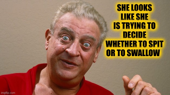 Rodney Dangerfield | SHE LOOKS LIKE SHE IS TRYING TO DECIDE WHETHER TO SPIT OR TO SWALLOW | image tagged in rodney dangerfield | made w/ Imgflip meme maker