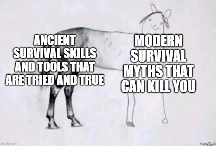 Never trust Hollywood survival. | MODERN SURVIVAL MYTHS THAT CAN KILL YOU; ANCIENT SURVIVAL SKILLS AND TOOLS THAT ARE TRIED AND TRUE | image tagged in horse drawing | made w/ Imgflip meme maker