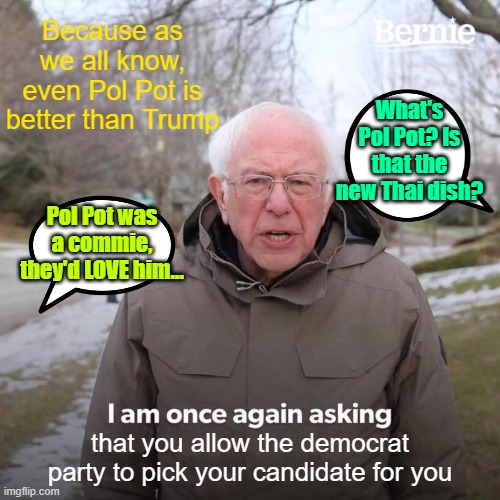 Bernie got the back seat | Because as we all know, even Pol Pot is better than Trump; What's Pol Pot? Is that the new Thai dish? Pol Pot was a commie, they'd LOVE him... that you allow the democrat party to pick your candidate for you | image tagged in trump,kamala harris,election 2024,maga,liberal hypocrisy | made w/ Imgflip meme maker