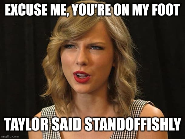 Taylor said standoffishly | EXCUSE ME, YOU'RE ON MY FOOT; TAYLOR SAID STANDOFFISHLY | image tagged in taylor swiftie | made w/ Imgflip meme maker