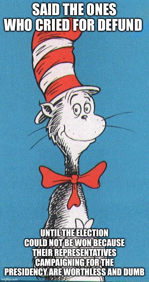 cat in the hat | SAID THE ONES WHO CRIED FOR DEFUND UNTIL THE ELECTION COULD NOT BE WON BECAUSE THEIR REPRESENTATIVES CAMPAIGNING FOR THE PRESIDENCY ARE WORT | image tagged in cat in the hat | made w/ Imgflip meme maker