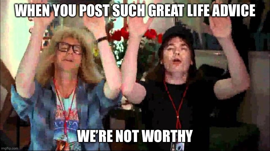 Wayne's World, We're Not Worthy | WHEN YOU POST SUCH GREAT LIFE ADVICE WE’RE NOT WORTHY | image tagged in wayne's world we're not worthy | made w/ Imgflip meme maker