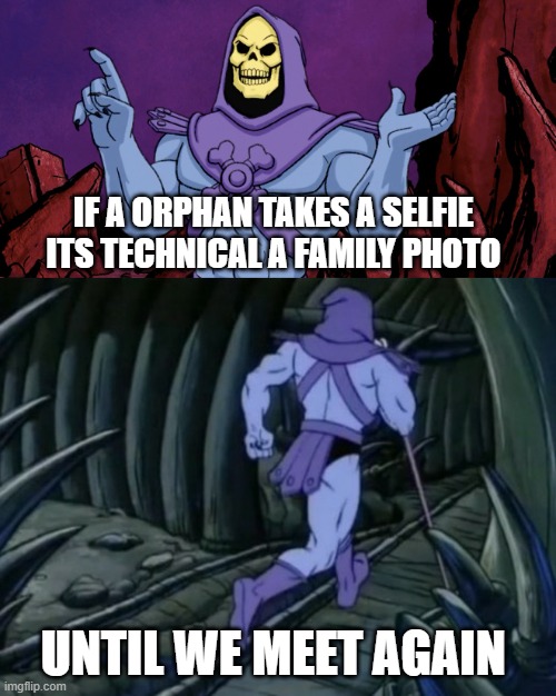 Until I get a family | IF A ORPHAN TAKES A SELFIE ITS TECHNICAL A FAMILY PHOTO; UNTIL WE MEET AGAIN | image tagged in skeletor until we meet again,dark humor | made w/ Imgflip meme maker