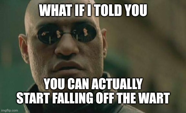 I fell off the wart | WHAT IF I TOLD YOU; YOU CAN ACTUALLY START FALLING OFF THE WART | image tagged in memes,matrix morpheus,funny | made w/ Imgflip meme maker