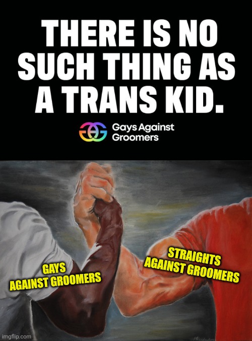 Standing against evil | STRAIGHTS AGAINST GROOMERS; GAYS AGAINST GROOMERS | image tagged in memes,epic handshake | made w/ Imgflip meme maker