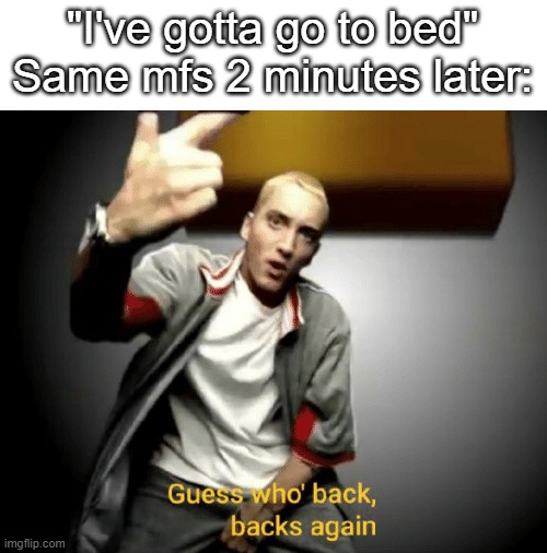 Guess who's back, back again | "I've gotta go to bed"
Same mfs 2 minutes later: | image tagged in guess who's back back again | made w/ Imgflip meme maker