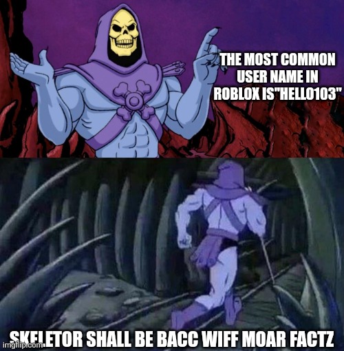 Skeletoroblox | THE MOST COMMON USER NAME IN ROBLOX IS"HELLO103"; SKELETOR SHALL BE BACC WIFF MOAR FACTZ | image tagged in he man skeleton advices | made w/ Imgflip meme maker