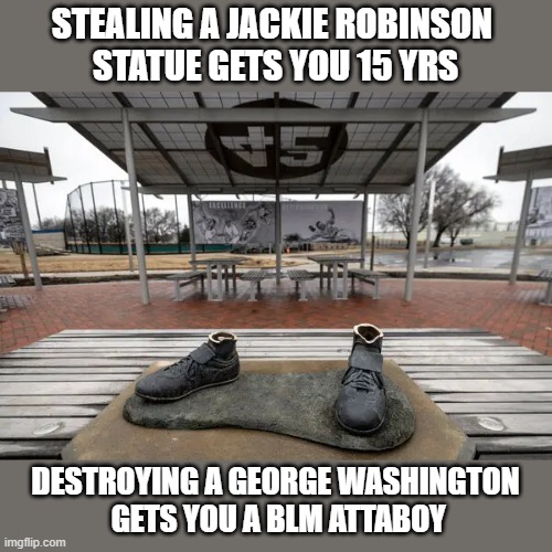 The History of Statue Destruction | STEALING A JACKIE ROBINSON 
STATUE GETS YOU 15 YRS; DESTROYING A GEORGE WASHINGTON
 GETS YOU A BLM ATTABOY | image tagged in jackie robinson,george washington | made w/ Imgflip meme maker