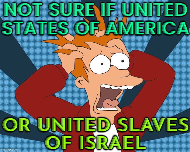 Not Sure If United States Of America; Or United Slaves Of Israel | NOT SURE IF UNITED STATES OF AMERICA; OR UNITED SLAVES
OF ISRAEL | image tagged in futurama fry screaming,scumbag america,scumbag government,donald trump,congress,palestine | made w/ Imgflip meme maker