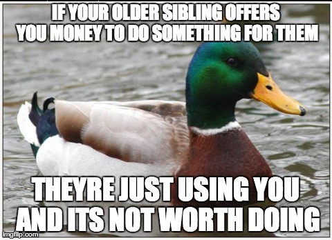 Actual Advice Mallard | IF YOUR OLDER SIBLING OFFERS YOU MONEY TO DO SOMETHING FOR THEM THEYRE JUST USING YOU AND ITS NOT WORTH DOING | image tagged in memes,actual advice mallard | made w/ Imgflip meme maker