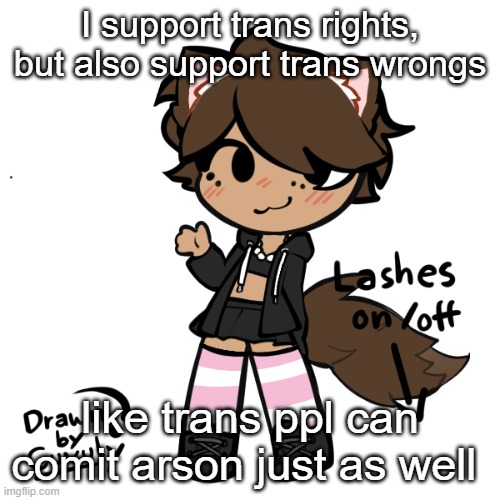 Neko picrew | I support trans rights, but also support trans wrongs; like trans ppl can comit arson just as well | image tagged in neko picrew | made w/ Imgflip meme maker