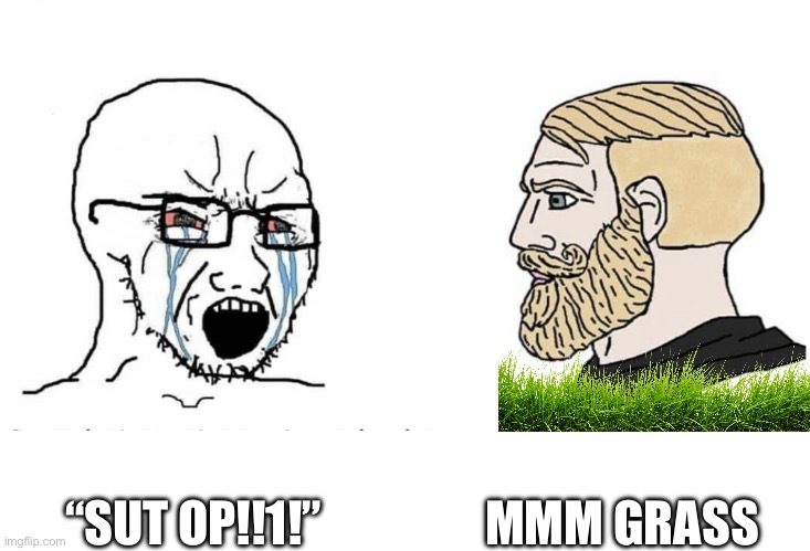 Soyboy Vs Yes Chad | “SUT OP!!1!” MMM GRASS | image tagged in soyboy vs yes chad | made w/ Imgflip meme maker