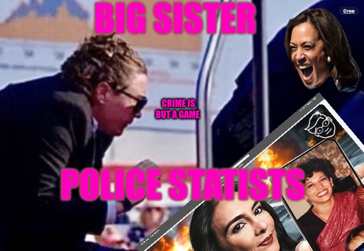 Big Sister Police State | BIG SISTER; CRIME IS BUT A GAME; POLICE STATISTS | image tagged in big sister police state,nwo police state,red pill,political meme,political memes,crime | made w/ Imgflip meme maker