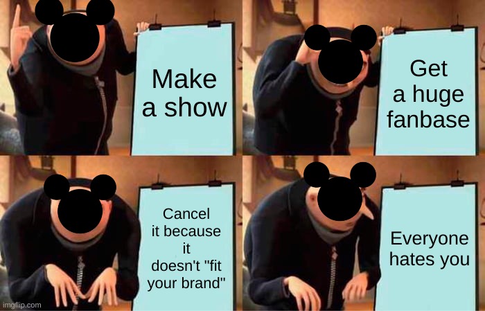 Disney's "Genius" Plan | Make a show; Get a huge fanbase; Cancel it because it doesn't "fit your brand"; Everyone hates you | image tagged in memes,gru's plan | made w/ Imgflip meme maker