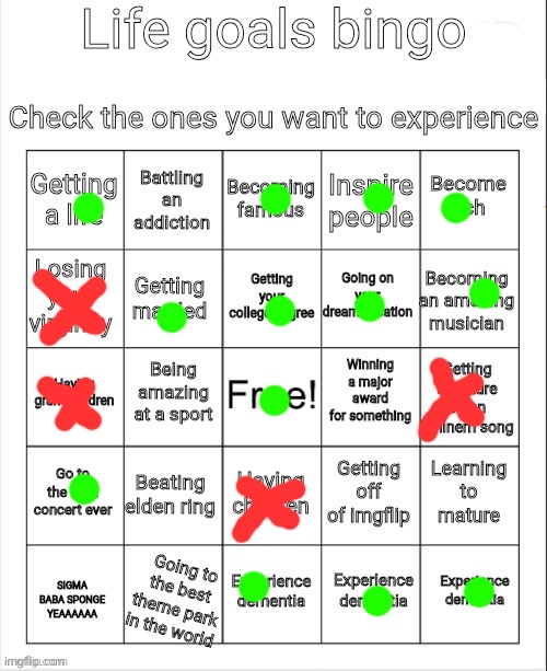 No children for me >:( rahh! | image tagged in life goals bingo | made w/ Imgflip meme maker