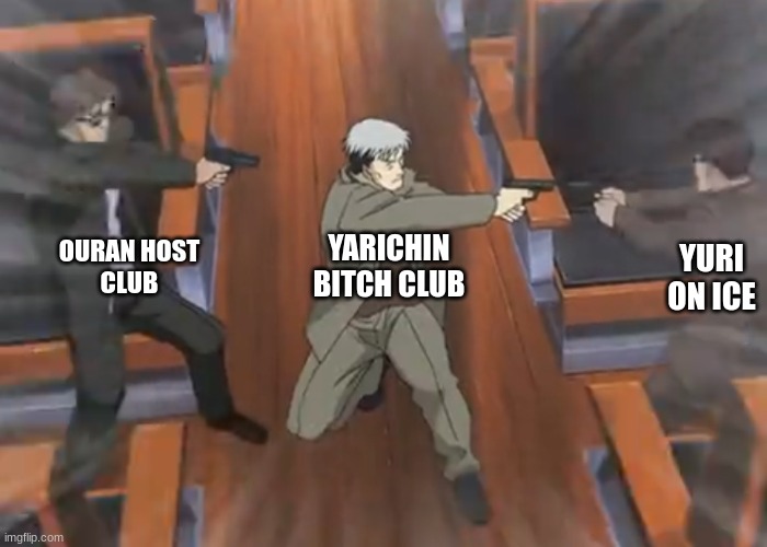Man pointing gun at other man which is pointing gun at man's hea | YARICHIN BITCH CLUB; OURAN HOST
CLUB; YURI ON ICE | image tagged in man pointing gun at other man which is pointing gun at man's hea | made w/ Imgflip meme maker