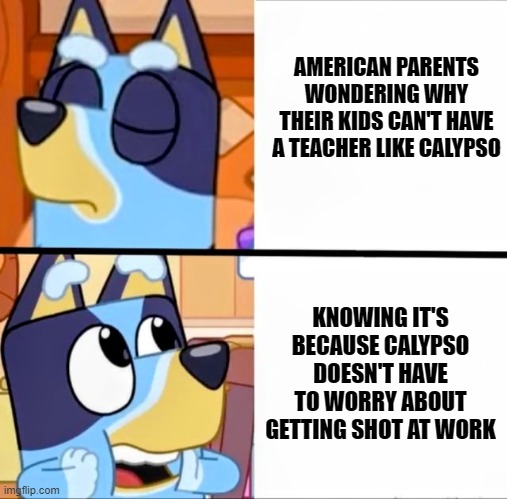 Bluey drake | AMERICAN PARENTS WONDERING WHY THEIR KIDS CAN'T HAVE A TEACHER LIKE CALYPSO; KNOWING IT'S BECAUSE CALYPSO DOESN'T HAVE TO WORRY ABOUT GETTING SHOT AT WORK | image tagged in bluey drake | made w/ Imgflip meme maker