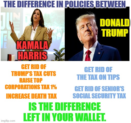 The Difference Left In Your Wallet | THE DIFFERENCE IN POLICIES BETWEEN; DONALD TRUMP; KAMALA HARRIS; GET RID OF TRUMP'S TAX CUTS; GET RID OF THE TAX ON TIPS; RAISE TOP CORPORATIONS TAX 1%; GET RID OF SENIOR'S SOCIAL SECURITY TAX; INCREASE DEATH TAX; IS THE DIFFERENCE LEFT IN YOUR WALLET. | image tagged in memes,politics,money,difference,kamala harris,donald trump | made w/ Imgflip meme maker