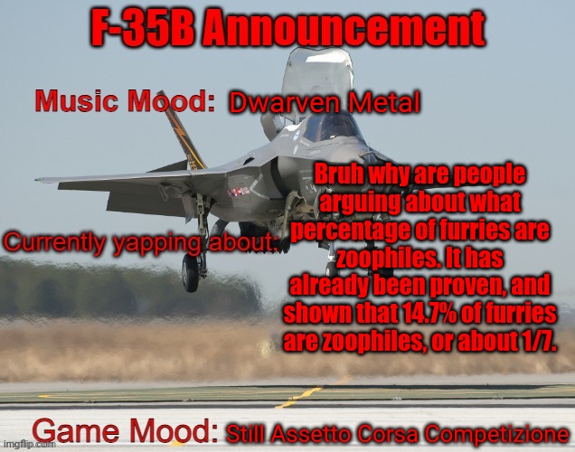 The F-35B Announcement Template | Dwarven Metal; Bruh why are people arguing about what percentage of furries are zoophiles. It has already been proven, and shown that 14.7% of furries are zoophiles, or about 1/7. Still Assetto Corsa Competizione | image tagged in the f-35b announcement template | made w/ Imgflip meme maker