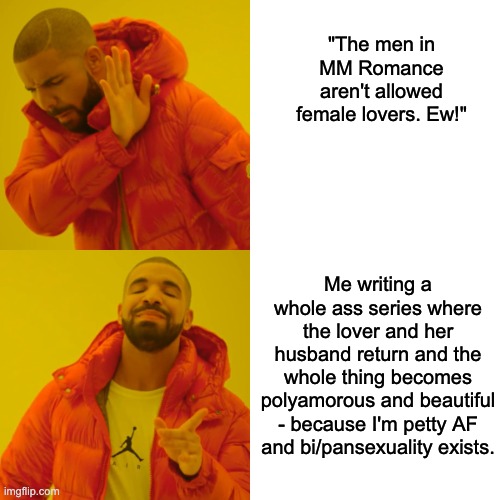 Bisexuality exists | "The men in MM Romance aren't allowed female lovers. Ew!"; Me writing a whole ass series where the lover and her husband return and the whole thing becomes polyamorous and beautiful - because I'm petty AF and bi/pansexuality exists. | image tagged in memes,drake hotline bling | made w/ Imgflip meme maker