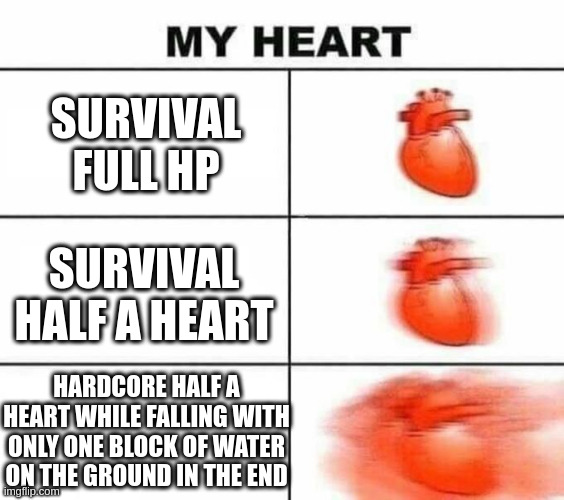 My heart blank | SURVIVAL FULL HP; SURVIVAL HALF A HEART; HARDCORE HALF A HEART WHILE FALLING WITH ONLY ONE BLOCK OF WATER ON THE GROUND IN THE END | image tagged in my heart blank | made w/ Imgflip meme maker