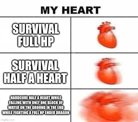 My heart blank | SURVIVAL FULL HP; SURVIVAL HALF A HEART; HARDCORE HALF A HEART WHILE FALLING WITH ONLY ONE BLOCK OF WATER ON THE GROUND IN THE END WHILE FIGHTING A FULL HP ENDER DRAGON | image tagged in my heart blank | made w/ Imgflip meme maker