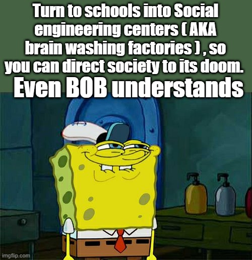 Don't You Squidward | Turn to schools into Social engineering centers ( AKA brain washing factories ) , so you can direct society to its doom. Even BOB understands | image tagged in memes,don't you squidward | made w/ Imgflip meme maker