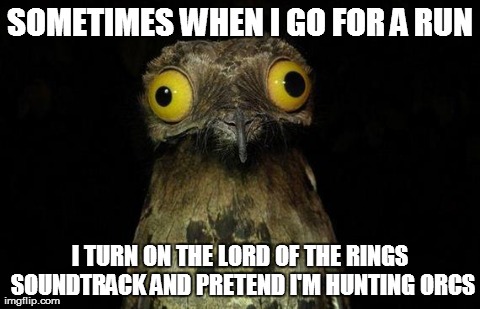 Weird Stuff I Do Potoo | SOMETIMES WHEN I GO FOR A RUN I TURN ON THE LORD OF THE RINGS SOUNDTRACK AND PRETEND I'M HUNTING ORCS | image tagged in memes,weird stuff i do potoo,AdviceAnimals | made w/ Imgflip meme maker