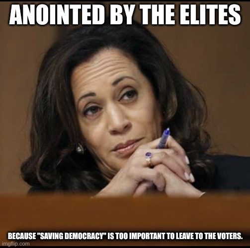 Kamala Harris  | ANOINTED BY THE ELITES; BECAUSE "SAVING DEMOCRACY" IS TOO IMPORTANT TO LEAVE TO THE VOTERS. | image tagged in kamala harris | made w/ Imgflip meme maker