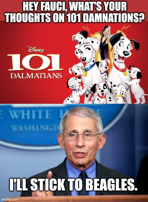 HEY FAUCI, WHAT'S YOUR THOUGHTS ON 101 DAMNATIONS? I'LL STICK TO BEAGLES. | image tagged in 101 dalmatians,dr fauci | made w/ Imgflip meme maker