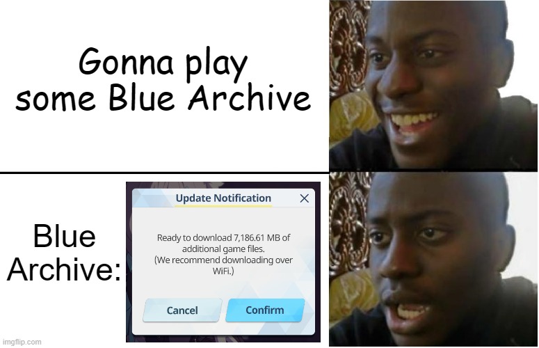 Every flipping time | Gonna play some Blue Archive; Blue Archive: | image tagged in disappointed black guy | made w/ Imgflip meme maker