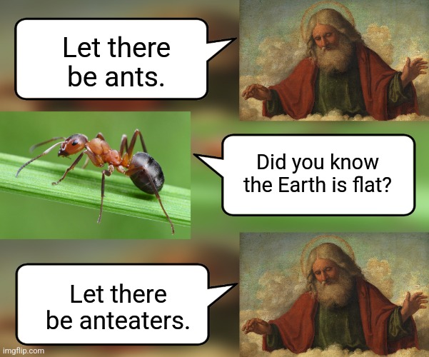 The Earth is round. | Let there be ants. Did you know the Earth is flat? Let there be anteaters. | image tagged in god ants anteaters,flat earthers,ants,hymenoptera | made w/ Imgflip meme maker