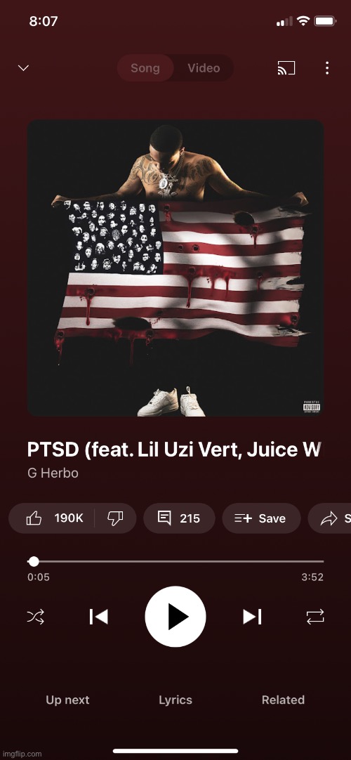 Song of the day: PTSD (feat. Lil uzi vert, Juice WRLD, and chance the rapper) by G herbo | made w/ Imgflip meme maker