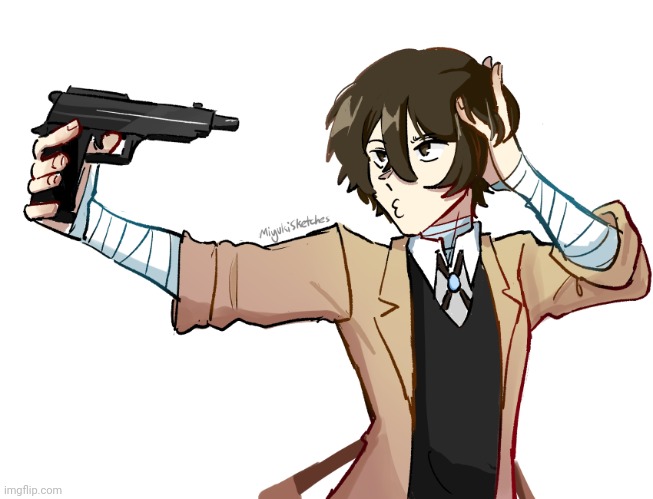 Feeling silly, might shoot myself later | image tagged in dazai being a lil silly | made w/ Imgflip meme maker