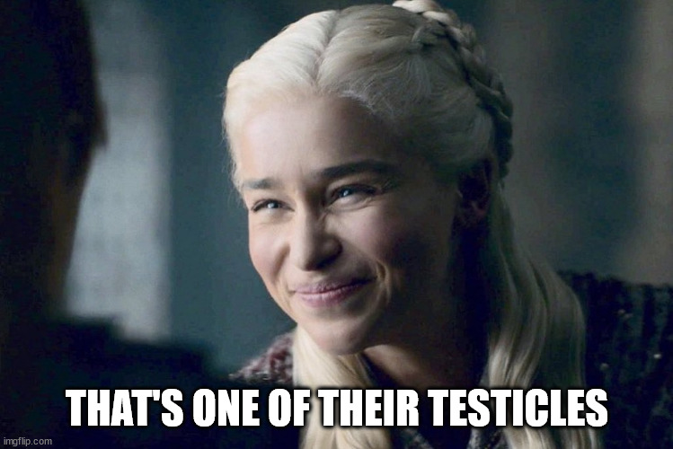 Daenerys | THAT'S ONE OF THEIR TESTICLES | image tagged in daenerys | made w/ Imgflip meme maker