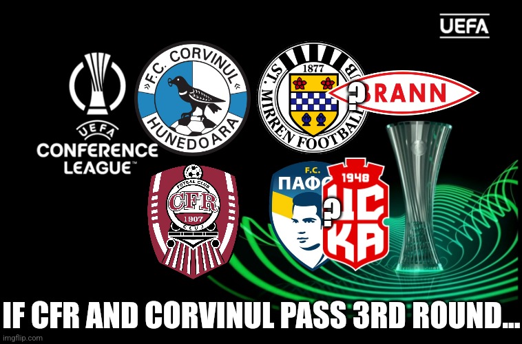 CFR and C. Hunedoara's possible UECL play-off opponents | ? ? IF CFR AND CORVINUL PASS 3RD ROUND... | image tagged in cfr cluj,corvinul,conference league,futbol,st mirren | made w/ Imgflip meme maker