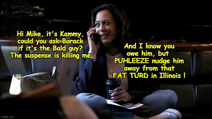 Cumala awaits orders from headquarters | And I know you owe him, but  PUHLEEZE nudge him away from that FAT TURD in Illinois ! Hi Mike, it's Kammy, could you ask Barack if it's the Bald guy? The suspense is killing me | image tagged in harris vp pick meme | made w/ Imgflip meme maker