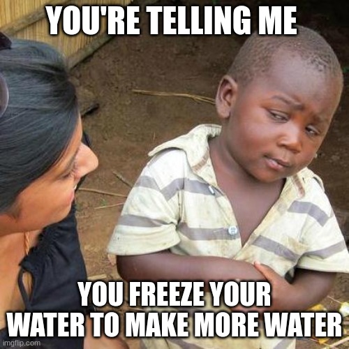 Third World Skeptical Kid | YOU'RE TELLING ME; YOU FREEZE YOUR WATER TO MAKE MORE WATER | image tagged in memes,third world skeptical kid | made w/ Imgflip meme maker