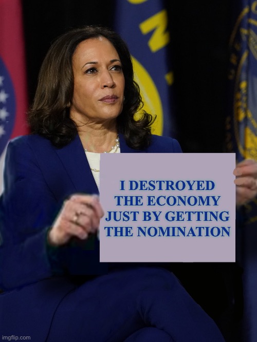 Kamala Harris Holding Sign | I DESTROYED THE ECONOMY JUST BY GETTING THE NOMINATION | image tagged in kamala harris holding sign,donald trump,stock market,not stonks,liberal logic,stupid liberals | made w/ Imgflip meme maker