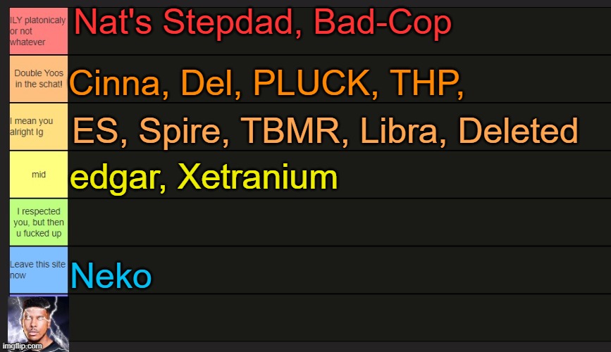 Neko's Tier List | Nat's Stepdad, Bad-Cop; Cinna, Del, PLUCK, THP, ES, Spire, TBMR, Libra, Deleted; edgar, Xetranium; Neko | image tagged in neko's tier list | made w/ Imgflip meme maker