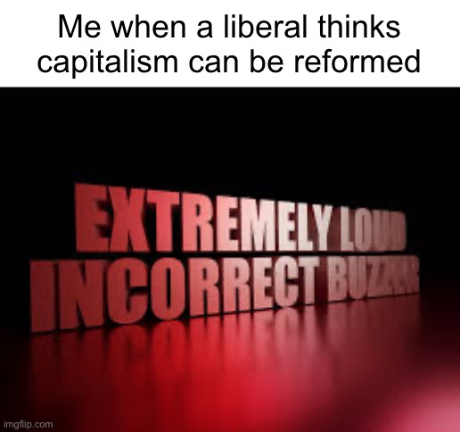 Dumb liberals | Me when a liberal thinks capitalism can be reformed | image tagged in extremely loud incorrect buzzer,liberals,liberal,leftist,capitalism | made w/ Imgflip meme maker